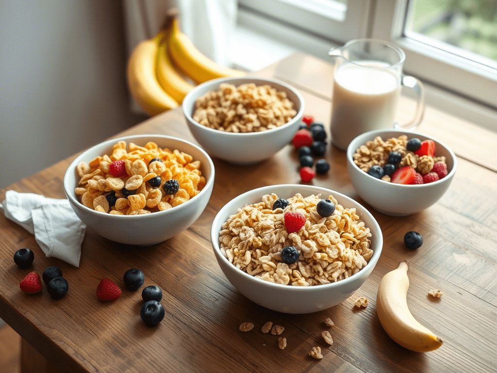 “healthy gluten free cereals in breakfast bowls with fruit and milk”