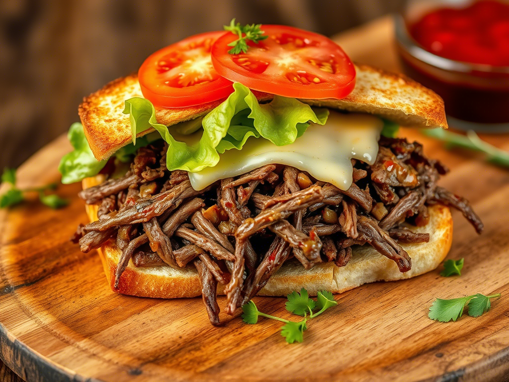 Delicious shredded beef sandwich with toppings