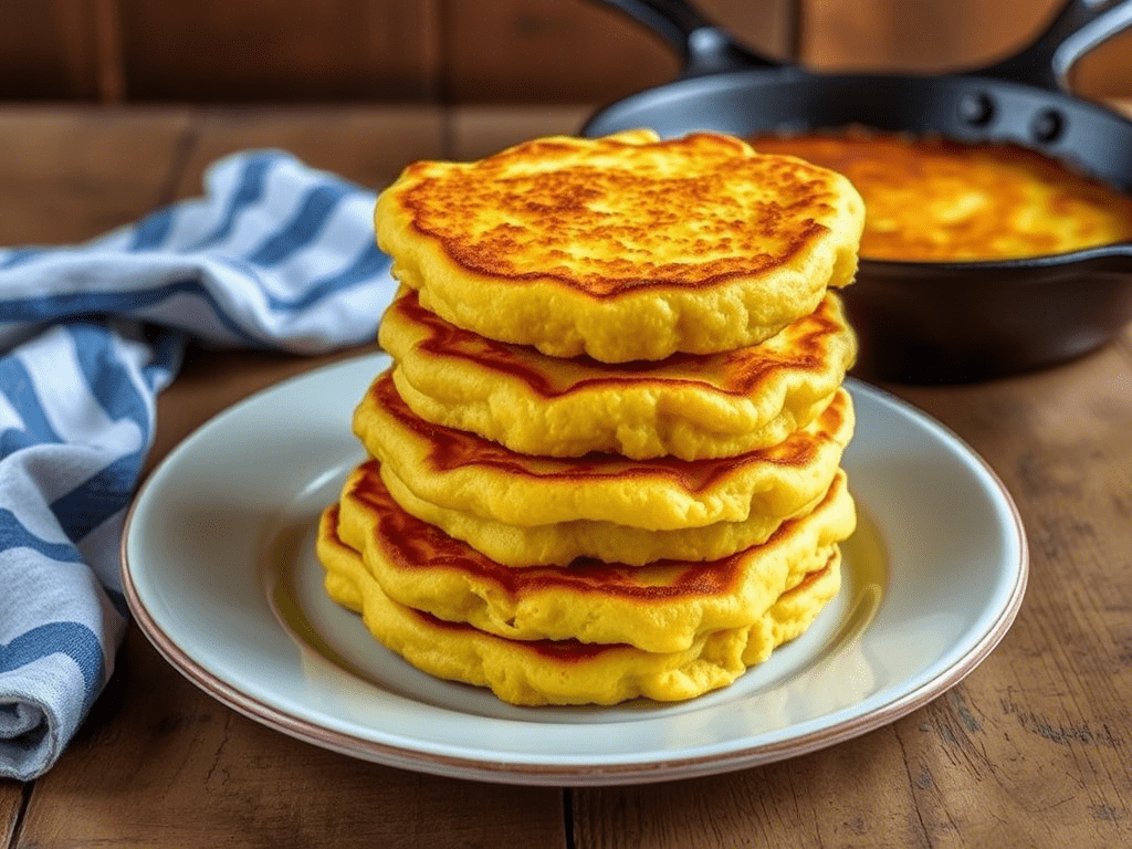 Hot water cornbread patties stacked on a plate next to a cast iron skillet
