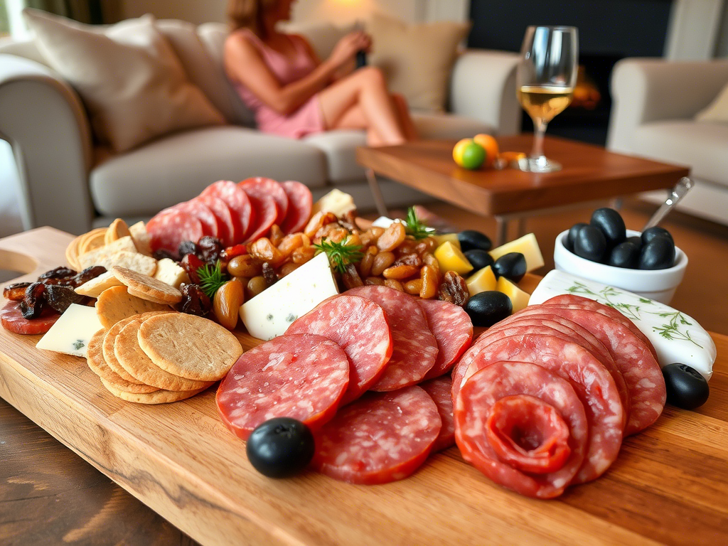 Charcuterie board with soppressata slices, cheese, and appetizer pairings