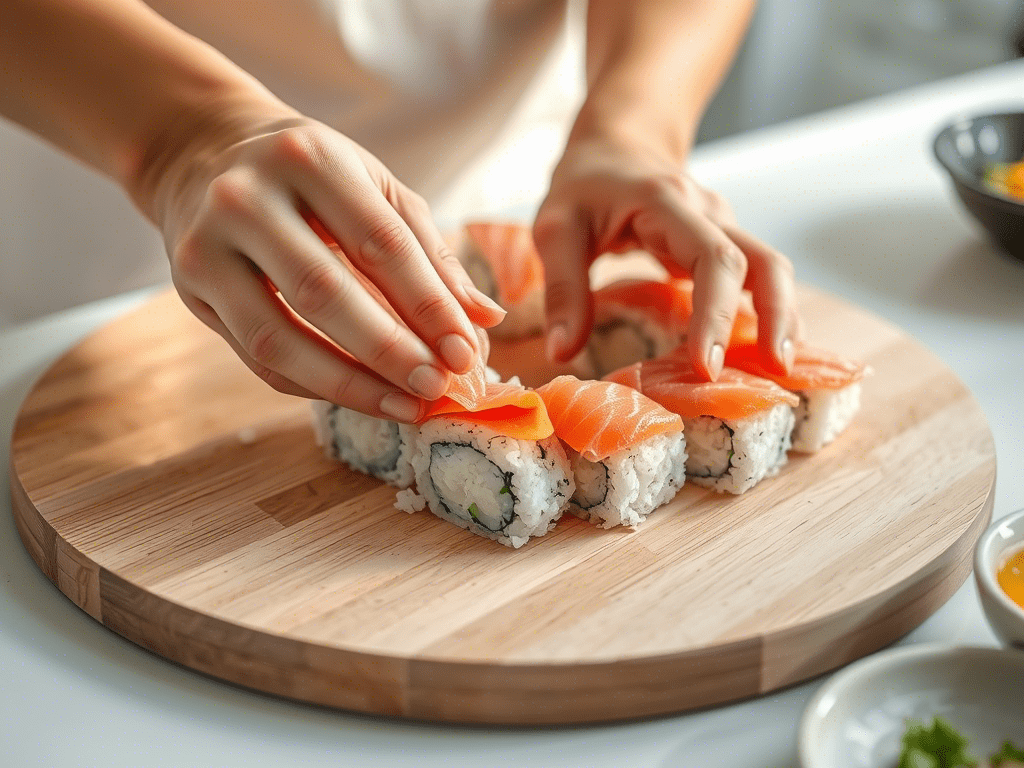 “hands preparing homemade nigiri by shaping rice and topping it with sliced fish”