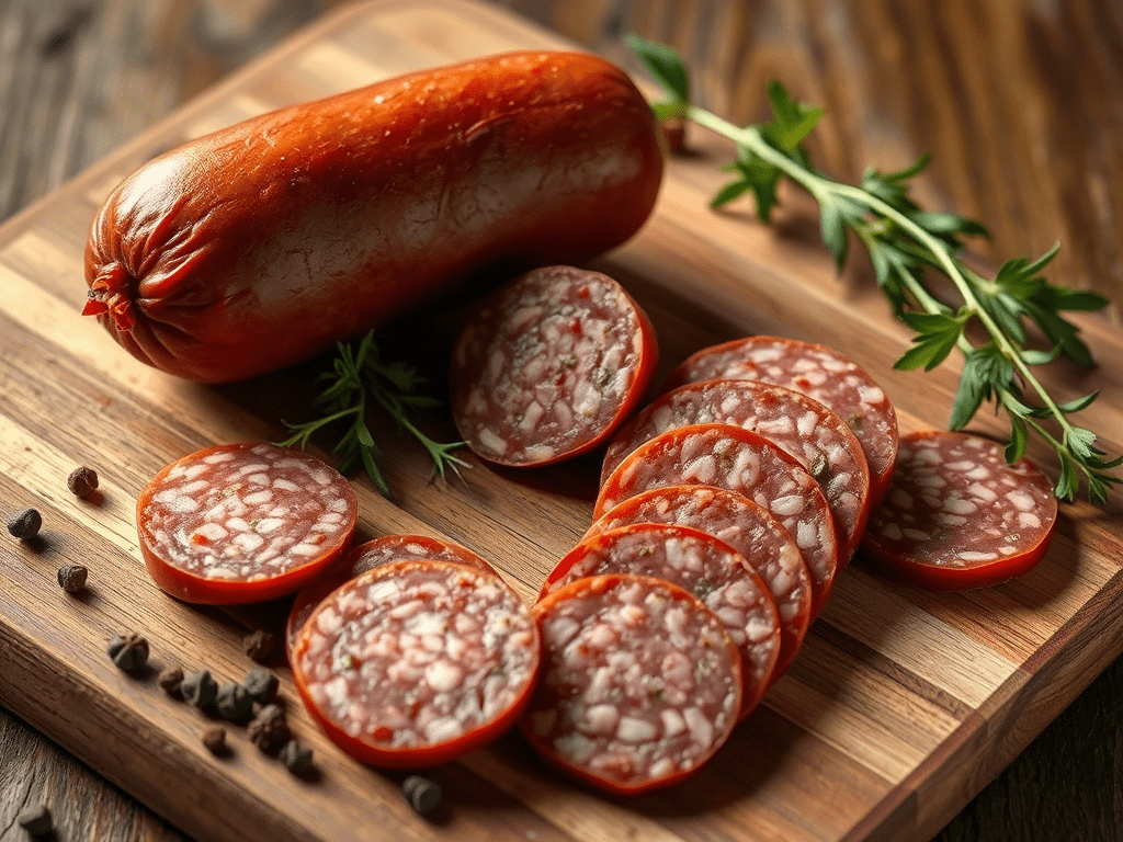 Traditional soppressata salami sliced on wooden board with herbs and spices
