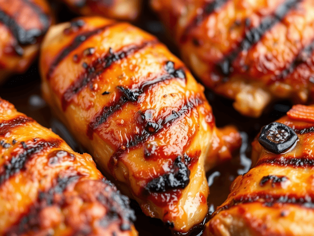 Chicken grilling with Asian chicken marinade forming a caramelized crust