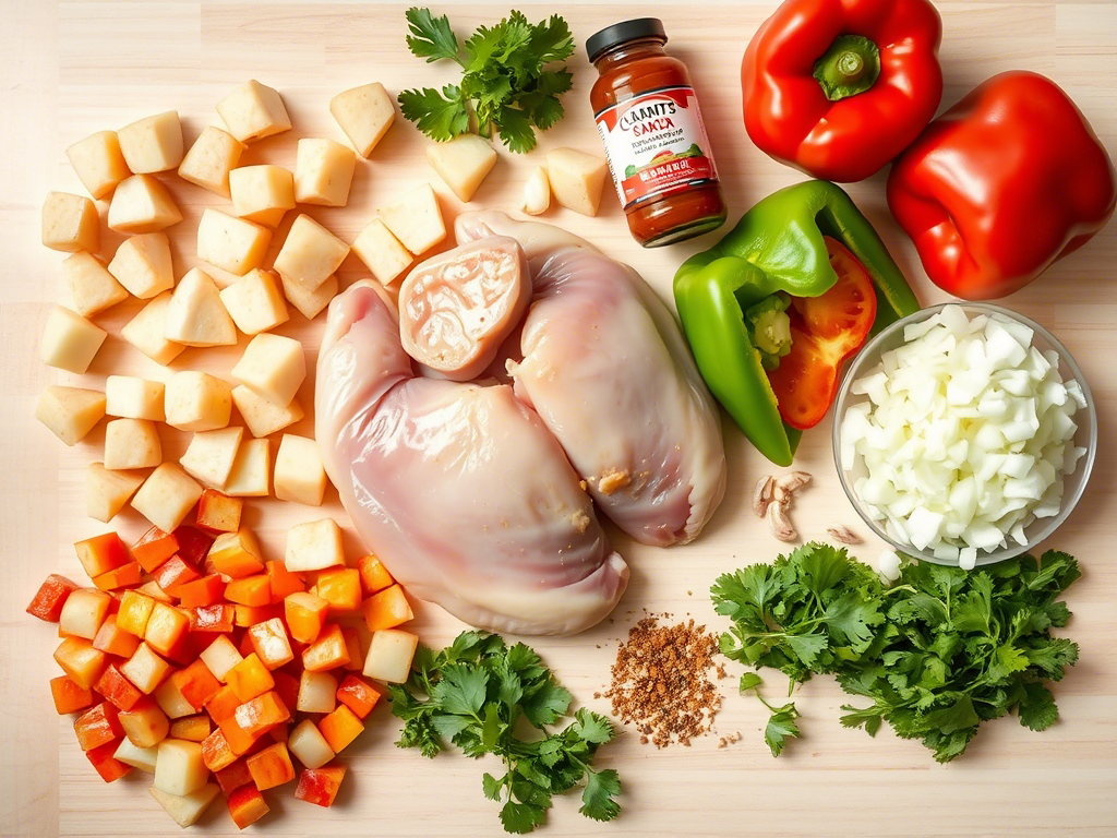Ingredients for pollo guisado laid out on a kitchen counter