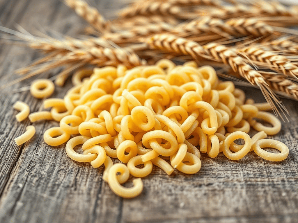 Raw cavatappi pasta spirals on wood with wheat grains