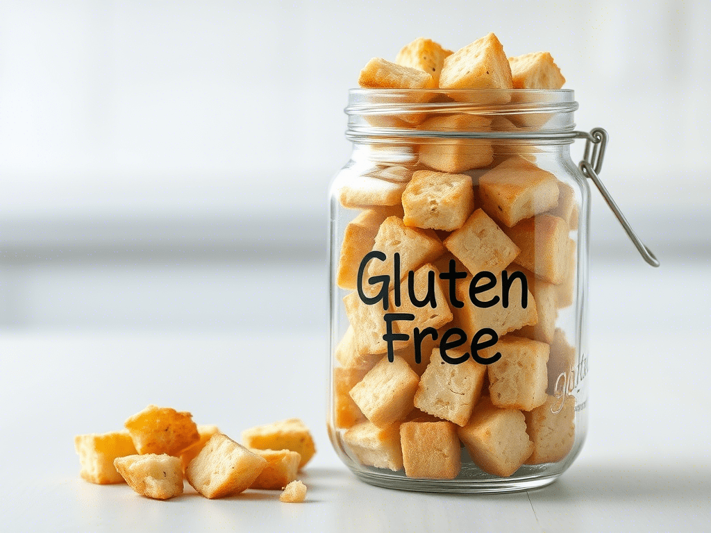 “stored gluten free croutons in airtight glass jar for freshness”