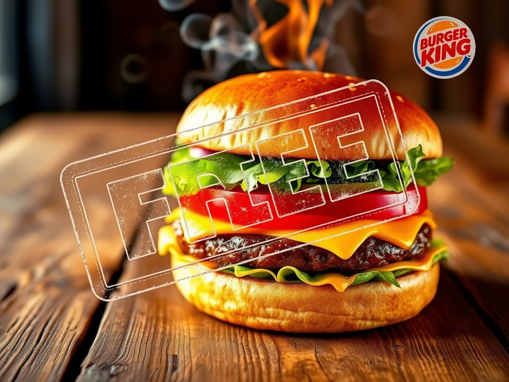 burger king free whoppers on a wooden table with smoky grilled meat