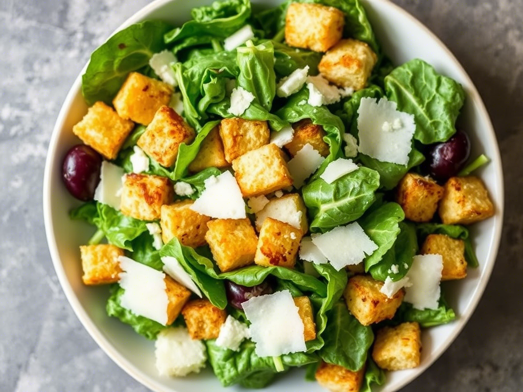 “gluten free croutons in caesar salad with romaine and parmesan”