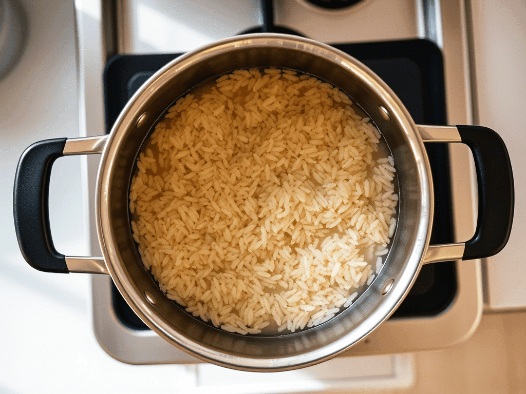 brown rice brown cooking on the stovetop with visible simmering water