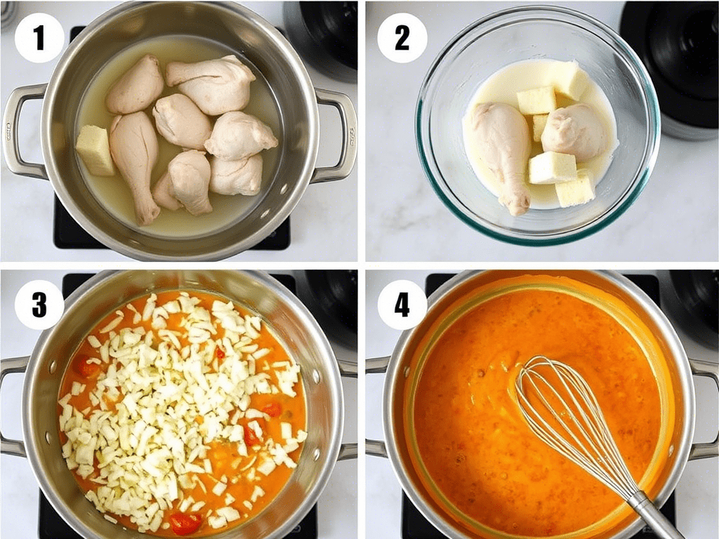 “step-by-step cooking of aji de gallina: poaching chicken, blending bread, sautéing base, and creamy sauce”