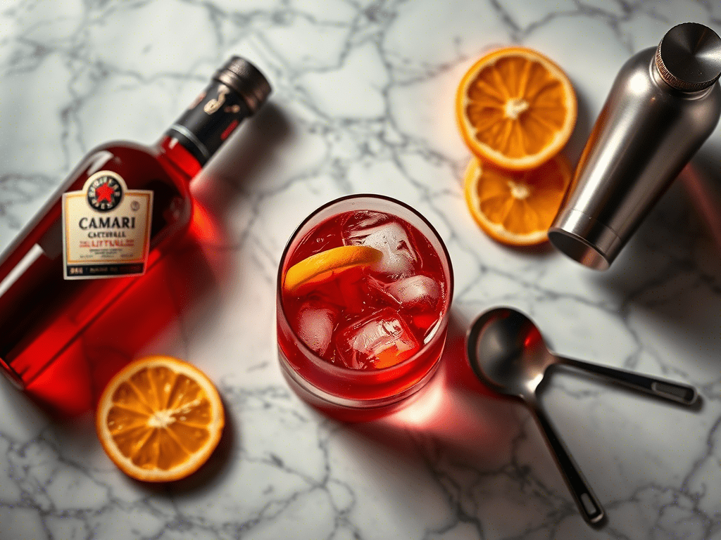 negroni campari cocktail flat lay with orange slices and bar tools on marble background