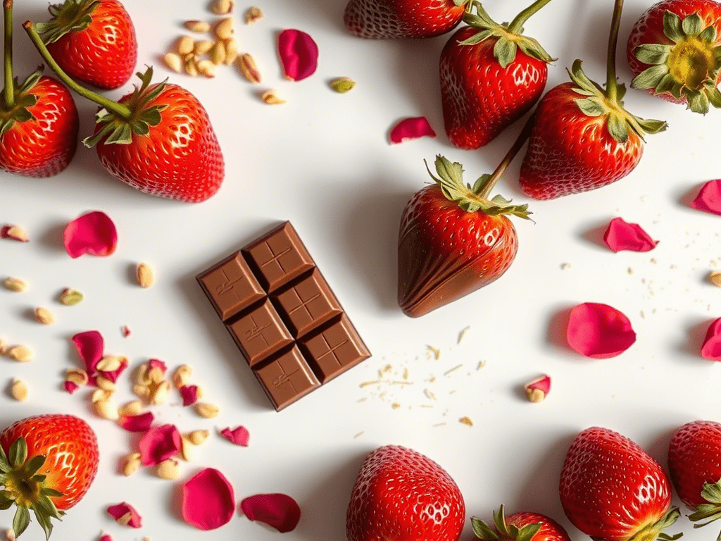 Ingredients for Dubai chocolate strawberries – strawberries, Belgian chocolate, pistachios, rose petals