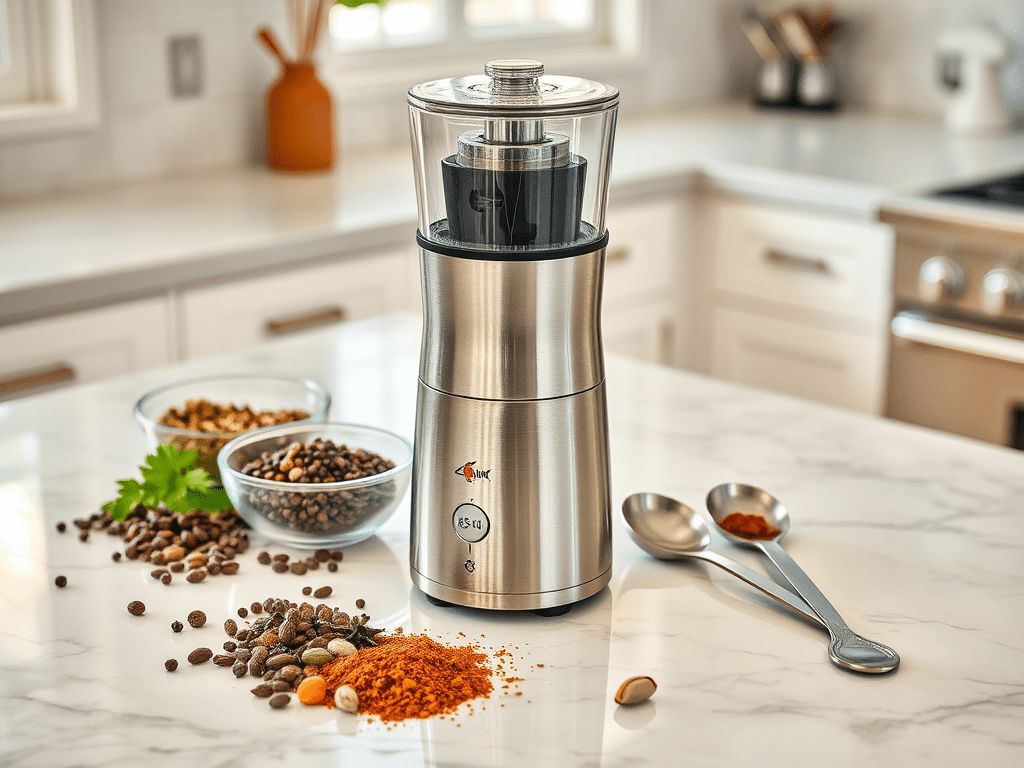 “Premium electric spice grinder on a marble kitchen counter, next to whole spices and measuring spoons”