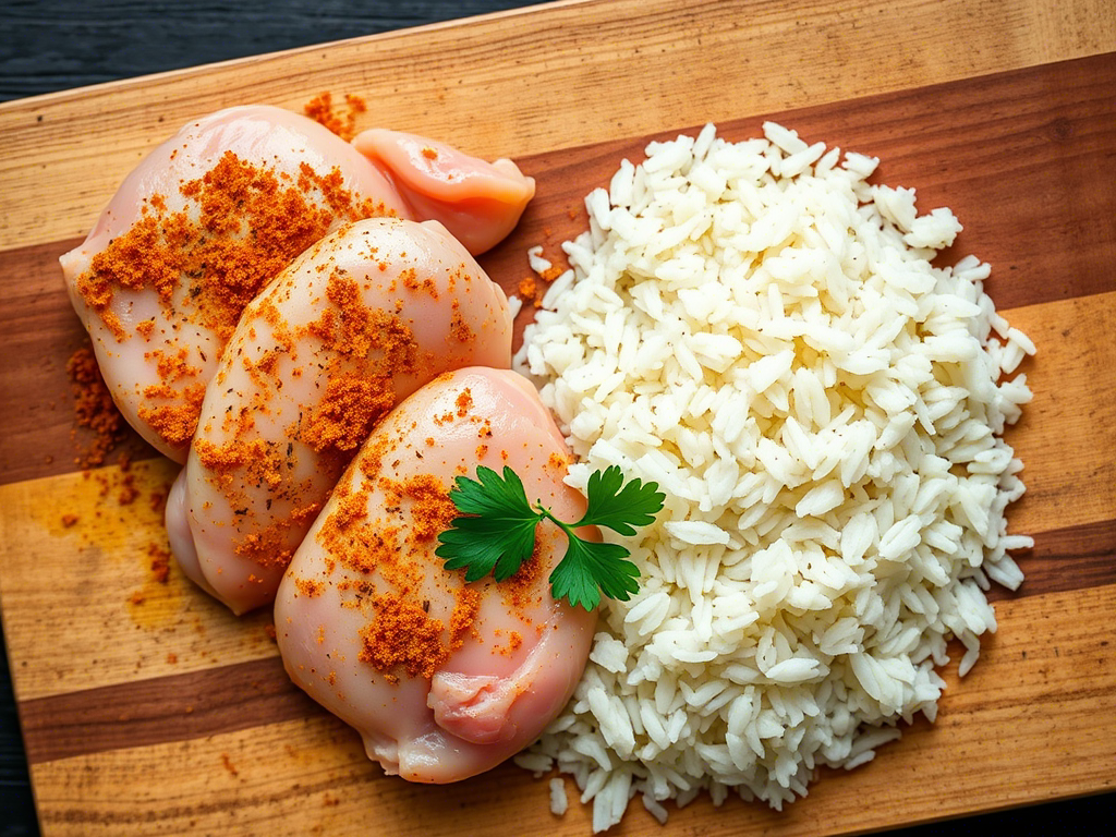 Raw chicken, spices, and rice arranged for chicken over rice recipe