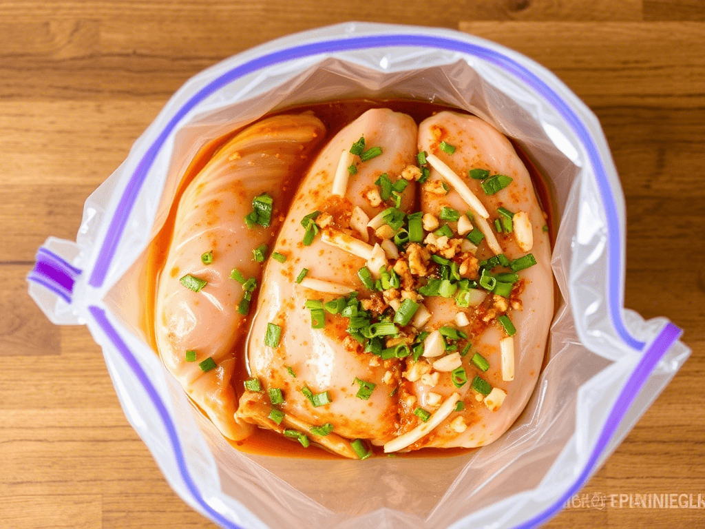 Chicken marinating in Asian chicken marinade inside a ziplock bag