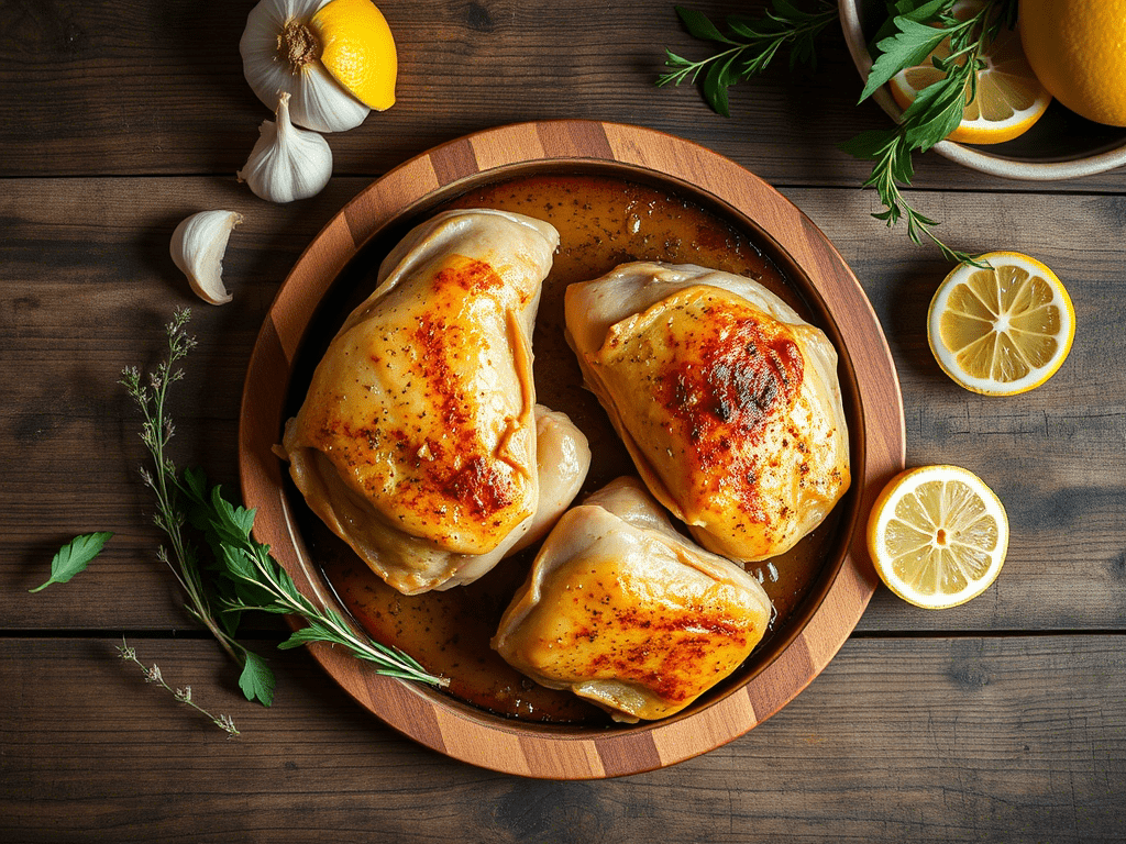 Oven-baked boneless skinless chicken thighs with herbs and garlic on a rustic table