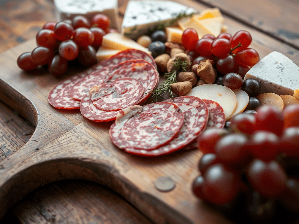 Charcuterie board with Italian meats, cheese, and fruit