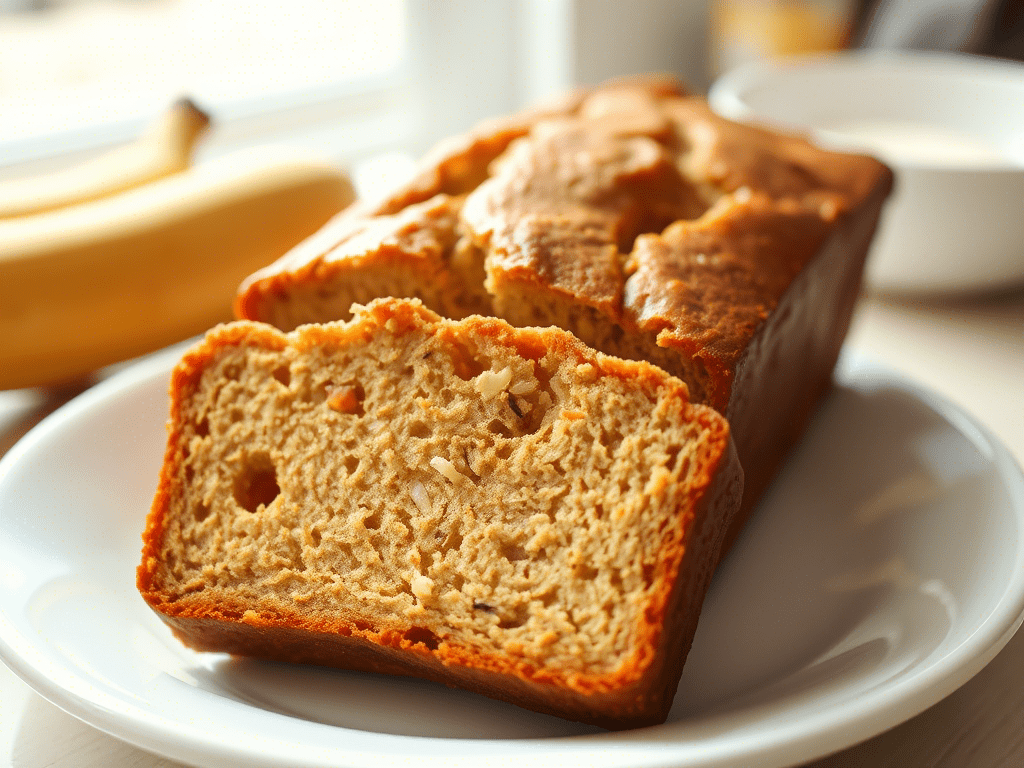 “freshly baked bisquick banana bread sliced on a white plate”