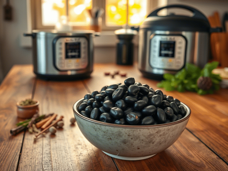 Instant Pot black beans served in a bowl with herbs and pressure cooker in background