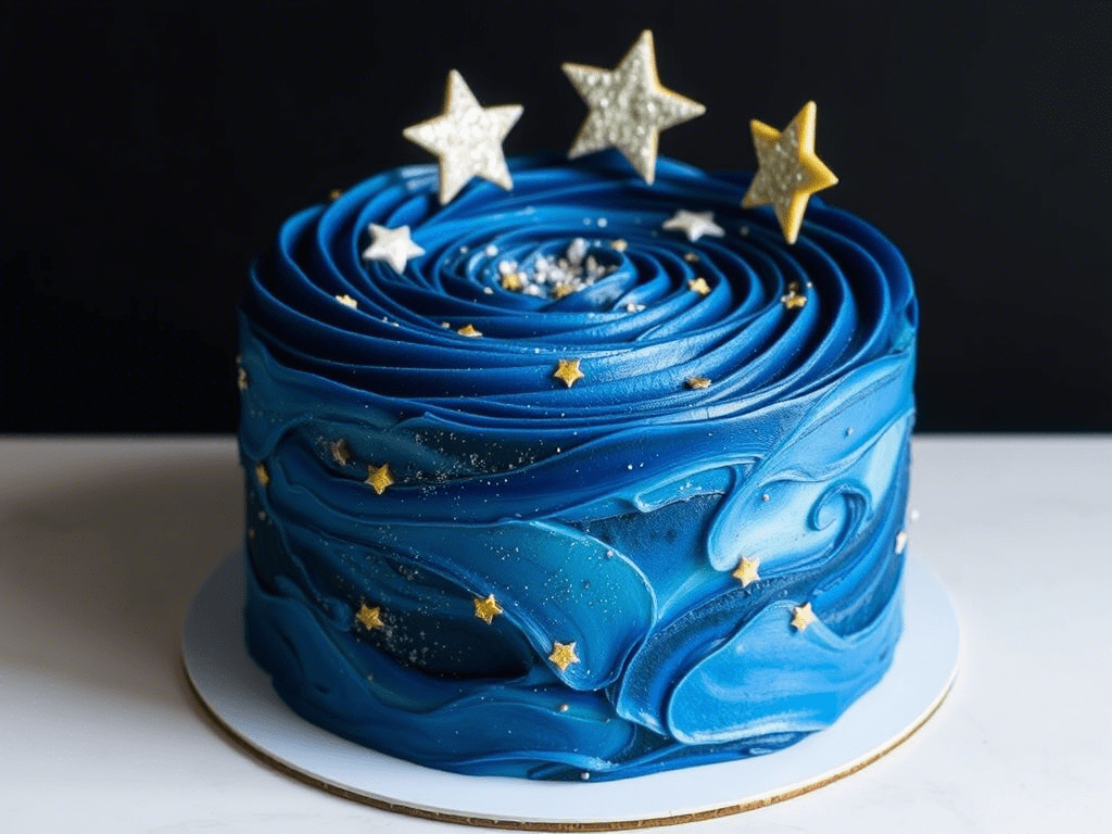 “creative styling of blue velvet cake with galaxy theme and shimmer”