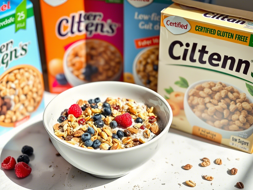“low sugar high fiber gluten free cereal topped with seeds and fruit”