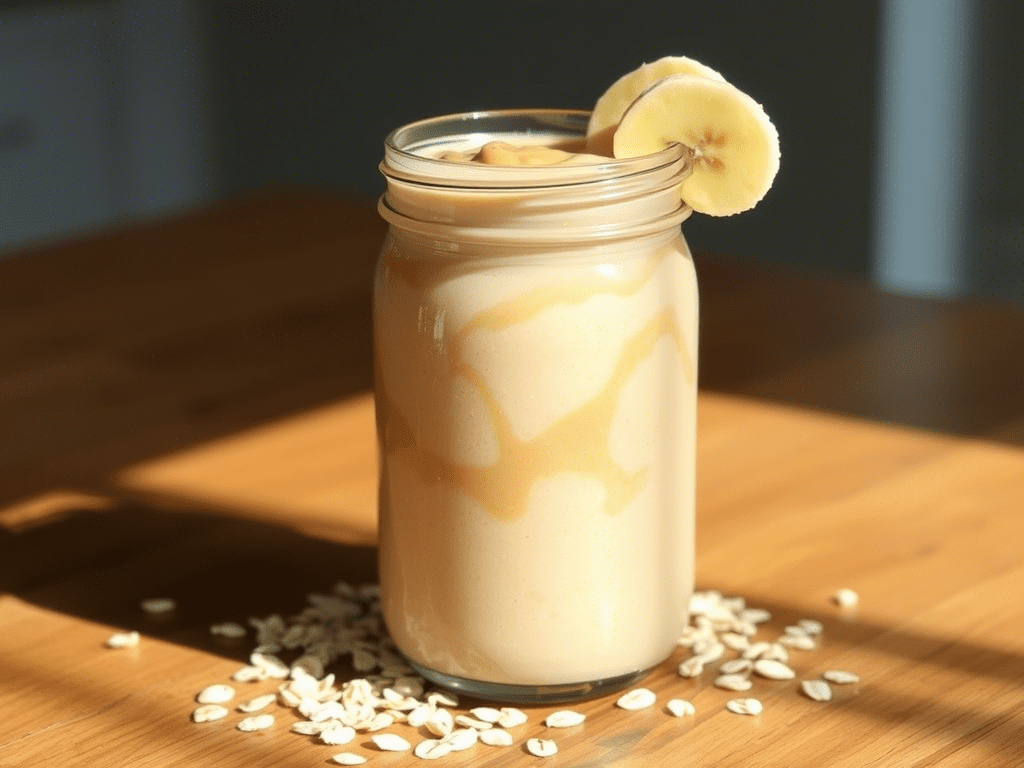 peanut butter banana smoothie in a mason jar with banana slices and oat topping