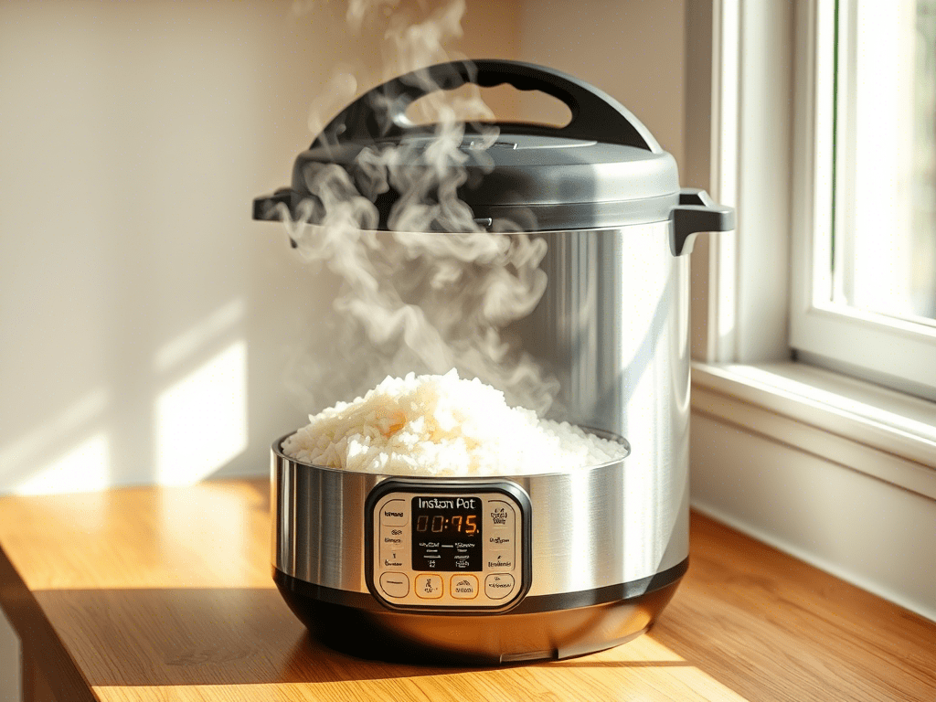 Instant Pot rice cooker filled with fluffy white rice on a kitchen counter