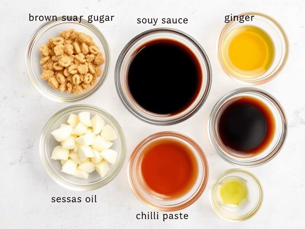 Ingredients for making Korean BBQ sauce arranged in small bowls