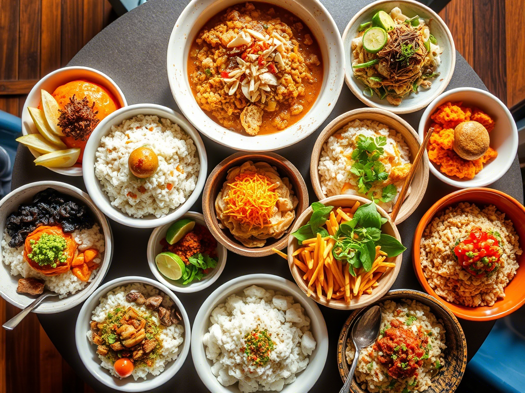 A vibrant and diverse collection of rice bowl restaurant dishes from across the U.S., highlighting popular spots like Rice Bowl Chinese Restaurant, restaurants in Mandan ND, Chinese restaurants Bismarck ND, and Indonesian restaurant Houston Texas, showcasing rich textures, colorful ingredients, and authentic cultural flavors in beautifully presented meals.