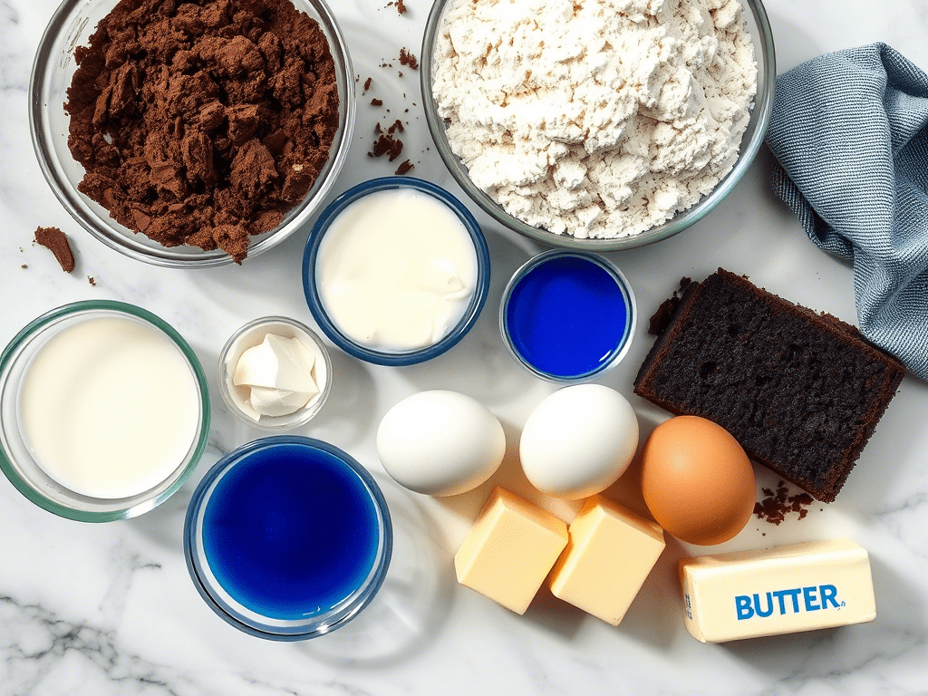 “blue velvet cake recipe ingredients on kitchen surface”