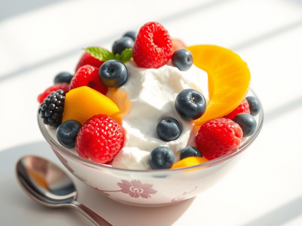 "Fruity snow cream recipe with strawberries and mango toppings"