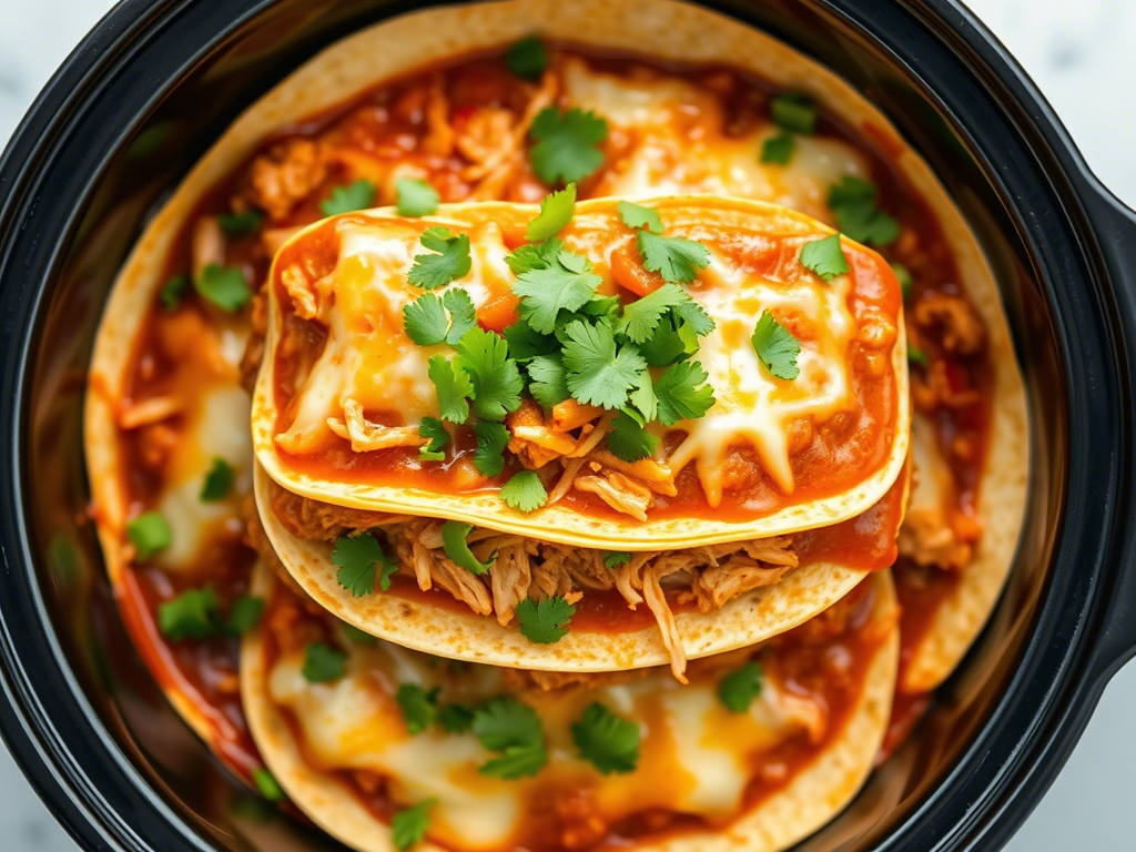 Slow cooker chicken enchilada casserole with layers of tortillas, shredded chicken, and melted cheese.