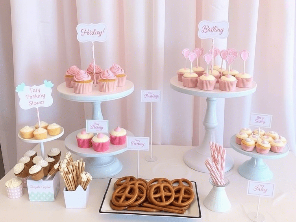 “baby shower treats including cupcakes, cake pops, and themed cookies”