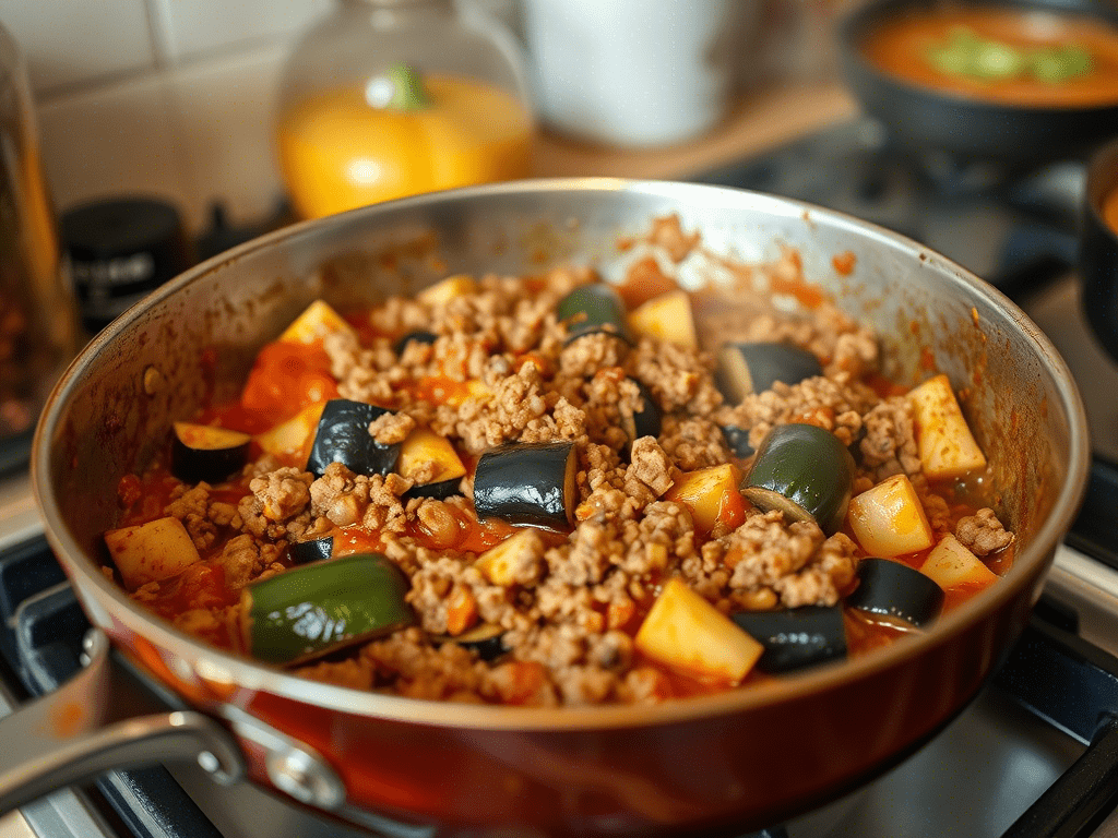 “musakka cooking in a deep skillet with eggplant and meat in tomato sauce”
