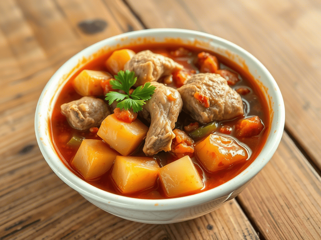 Puerto Rican chicken stew with potatoes and vegetables in a rustic bowl