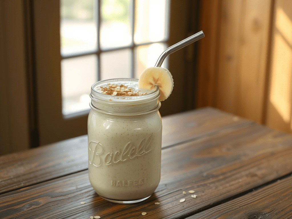 banana smoothie with oats and cinnamon served in a mason jar
