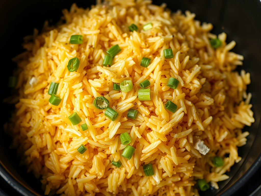 air fryer basket with house special fried rice, crispy edges, topped with green onions and sesame seeds.