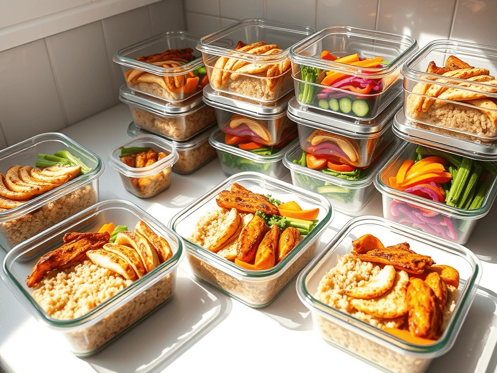 brown rice brown in meal prep containers with healthy protein and vegetables