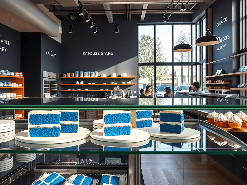 “blue velvet cake los angeles bakery display with modern setup”