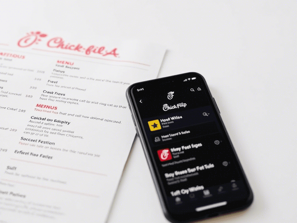 "Chick Fil A menu PDF version next to mobile app interface"