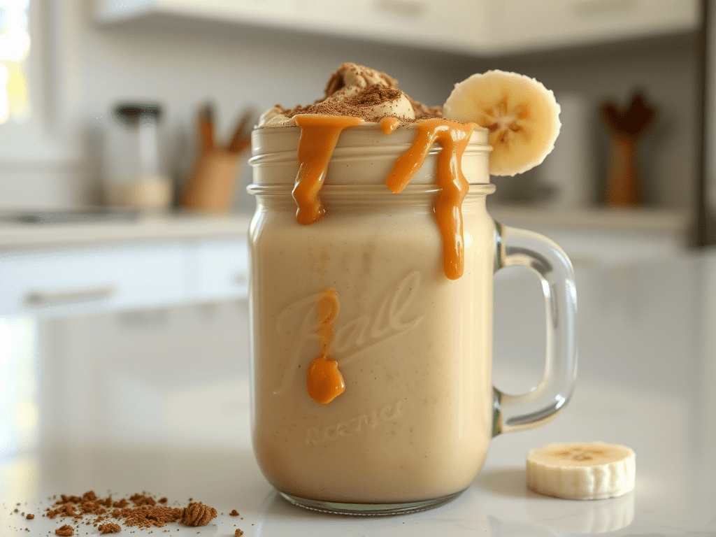 peanut butter banana smoothie recipe with creamy texture and toppings in mason jar