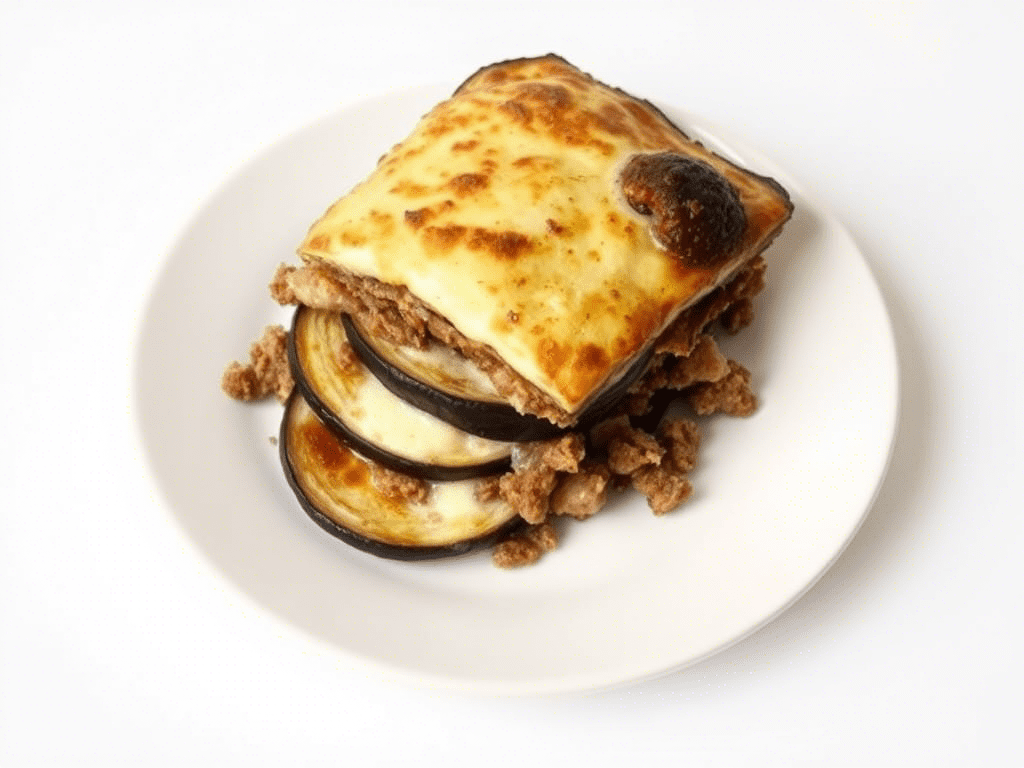 “slice of oven-baked Greek musakka with visible layers of eggplant, meat, and béchamel sauce”