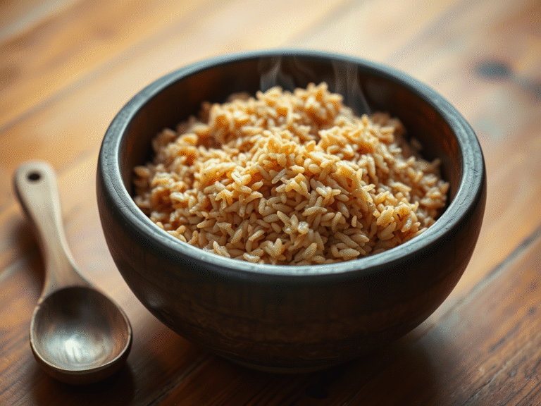 freshly cooked brown rice brown served in a ceramic bowl with steam rising