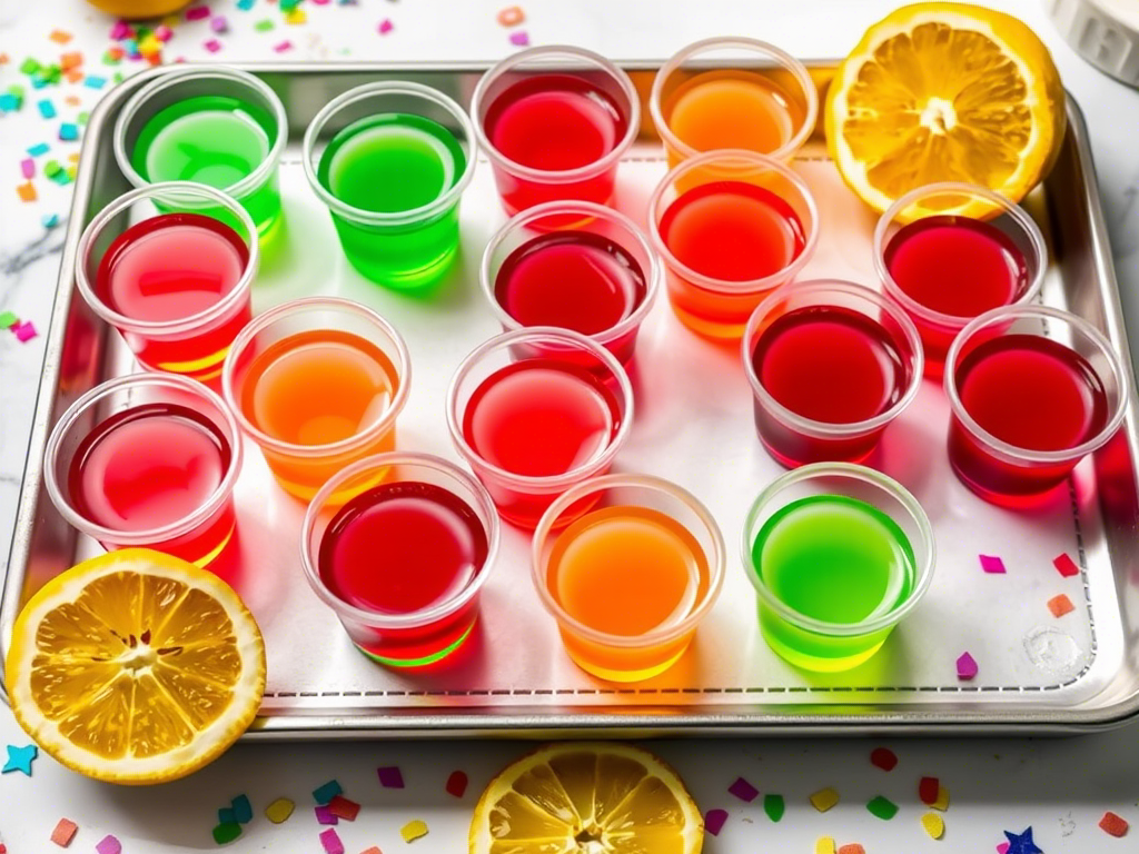 “colorful jello shots in plastic cups on marble tray with party decorations”