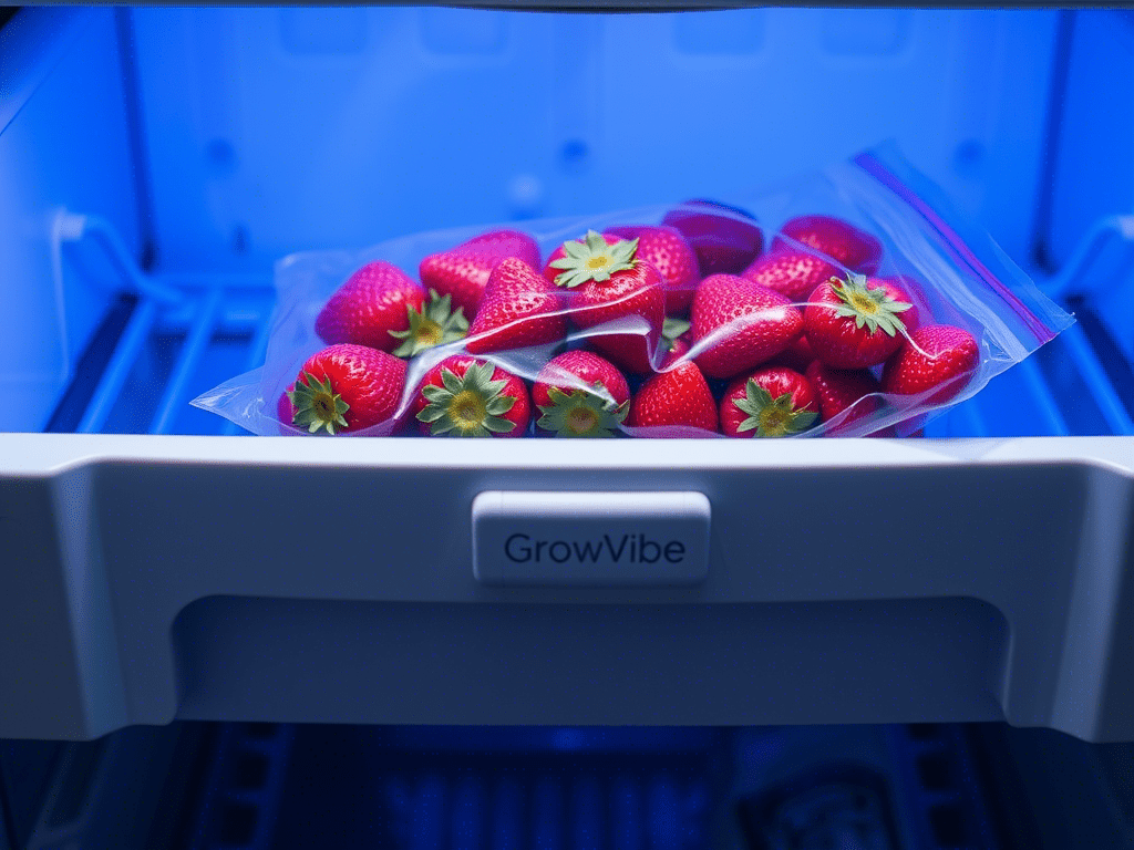 Strawberry puree from frozen strawberries stored in a freezer bag.