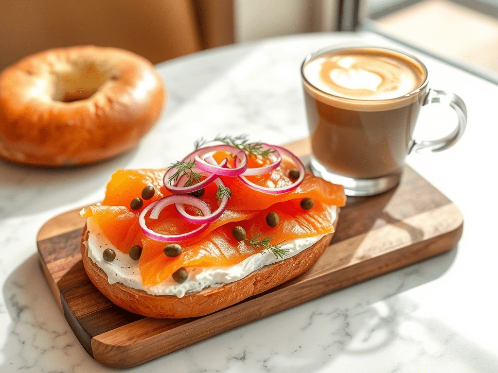 Salmon bagel with cream cheese and smoked salmon on wooden board with latte