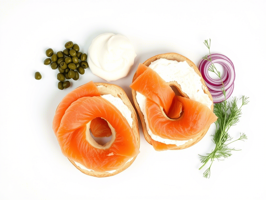 Ingredients for salmon bagels including smoked salmon, cream cheese, capers, and bagels