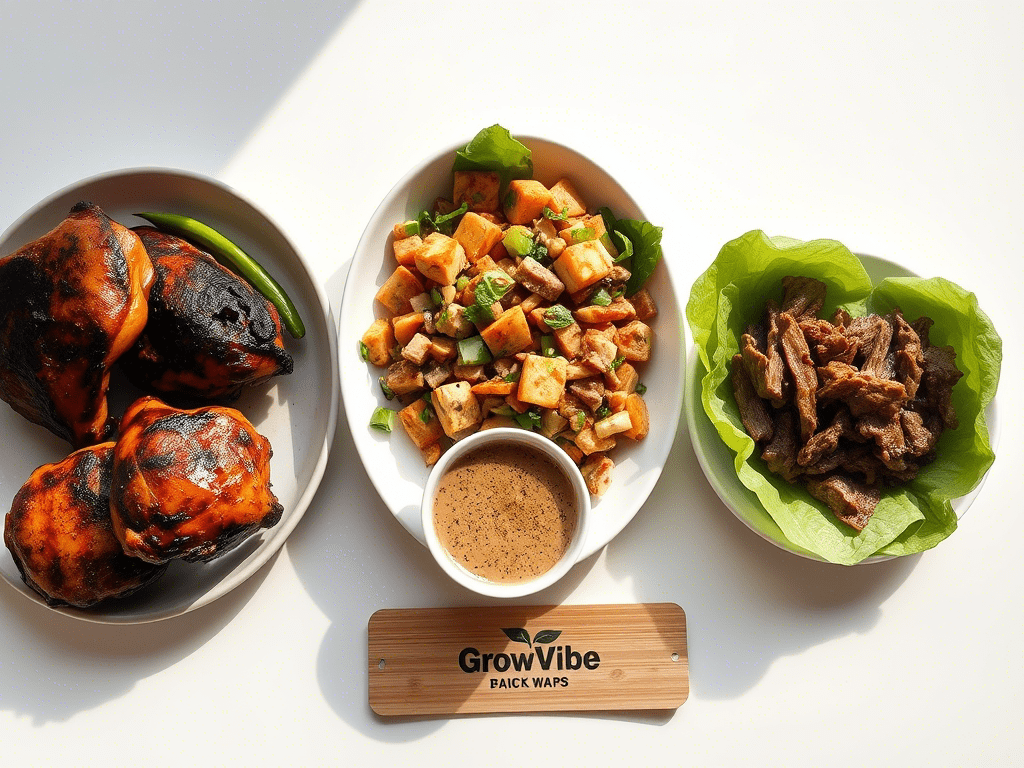 Dishes using Korean BBQ sauce: glazed chicken, tofu bowl, and lettuce wraps