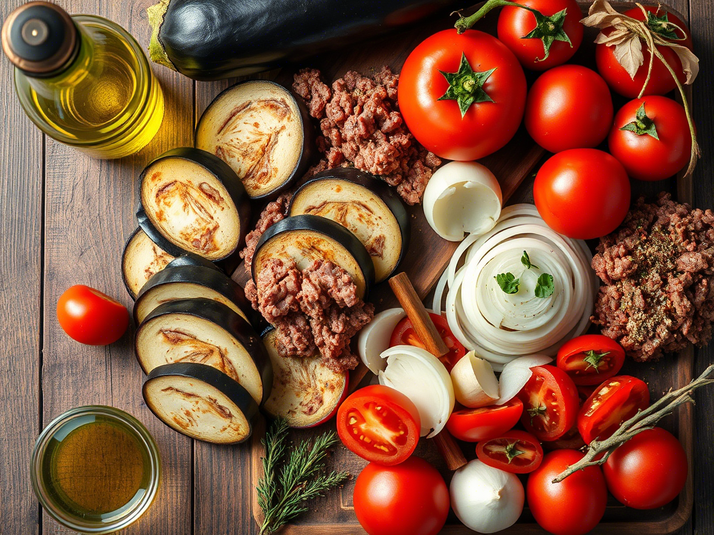 “raw ingredients for musakka including eggplant, ground meat, tomato, onion, and spices”