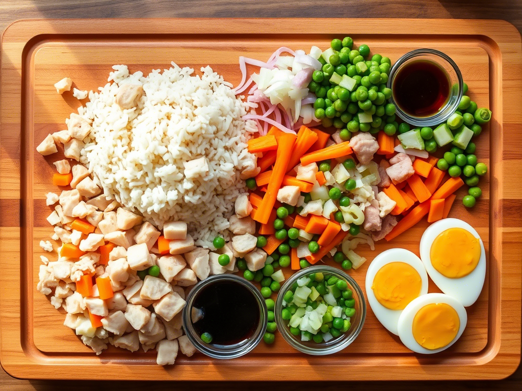 ingredients for house special fried rice: rice, proteins, veggies, eggs, and sauces on a cutting board.